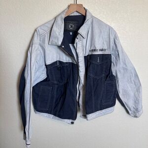 Vintage 90s Streetwear Iceberg Jeans Coated Denim Jacket Large Blue Colorblock